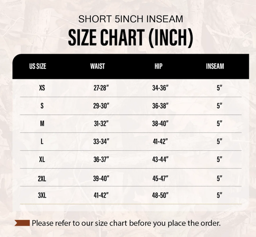 Size chart for Silpaz men's camo athletic shorts with 5-inch inseam measurements