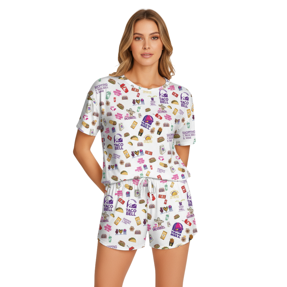 TacoBell Print Polyester Short Pajama Set | Soft Crew Neck Loungewear