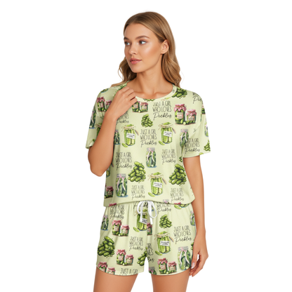 Vintage Canned Pickles Print Polyester Short Pajama Set | Crew Neck PJs