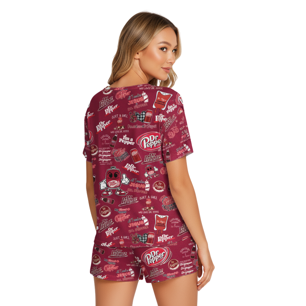 Dr Pepper Print Polyester Short Pajama Set - Soft Crew Neck Loungewear