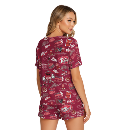 Dr Pepper Print Polyester Short Pajama Set - Soft Crew Neck Loungewear