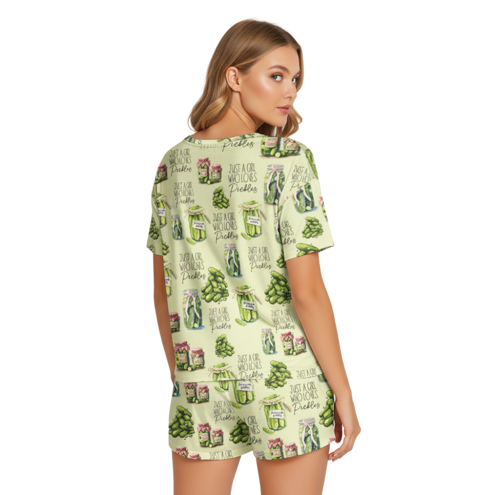 Vintage Canned Pickles Print Polyester Short Pajama Set | Crew Neck PJs