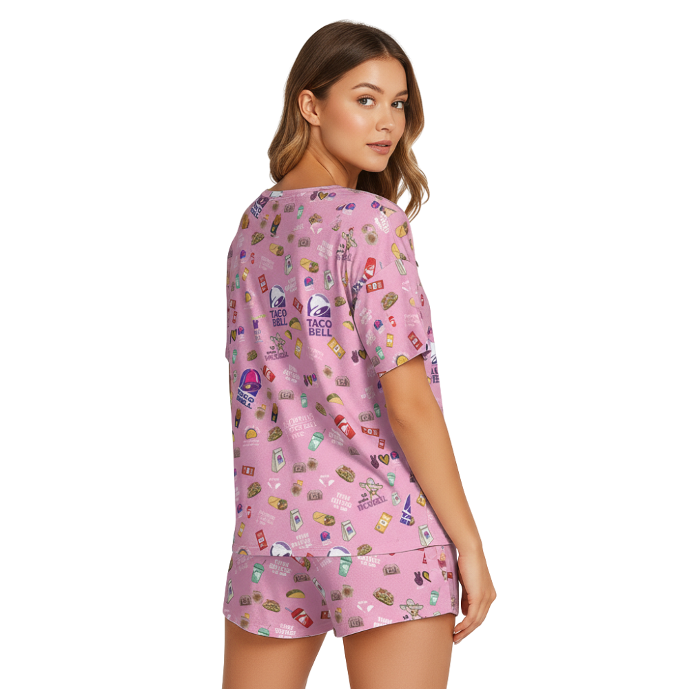TacoBell Print Polyester Short Pajama Set | Soft Crew Neck Loungewear