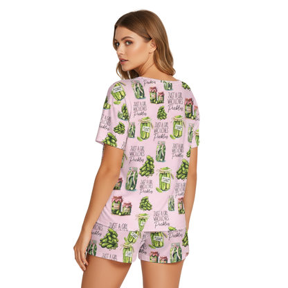 Vintage Canned Pickles Print Polyester Short Pajama Set | Crew Neck PJs