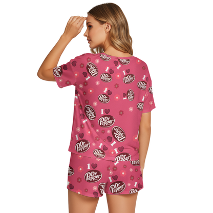 Dr Pepper Print Polyester Short Pajama Set - Soft Crew Neck Loungewear