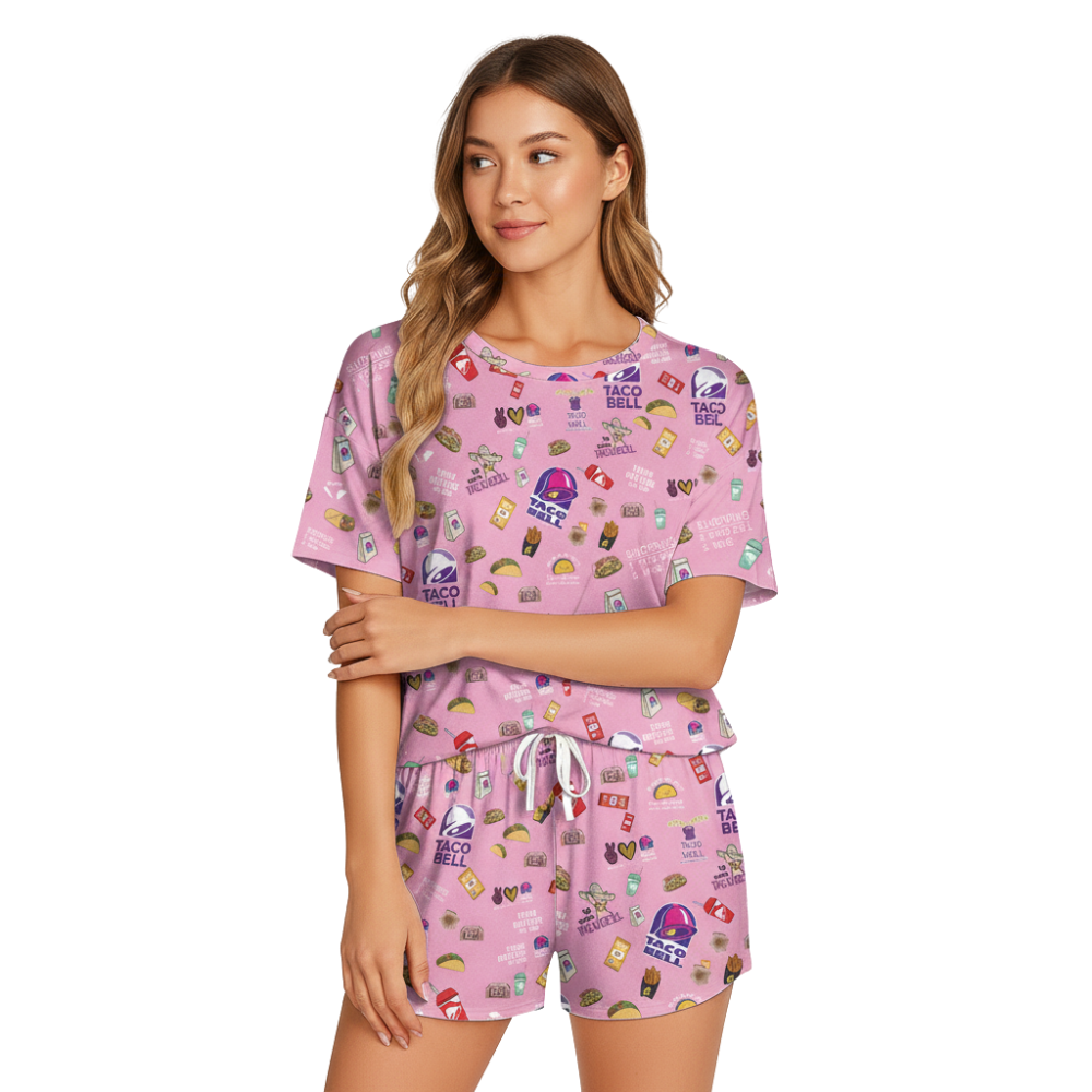 TacoBell Print Polyester Short Pajama Set | Soft Crew Neck Loungewear