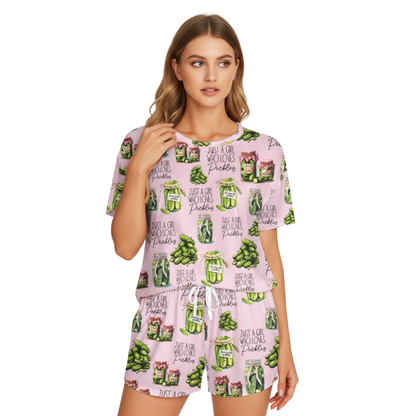 Vintage Canned Pickles Print Polyester Short Pajama Set | Crew Neck PJs
