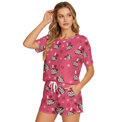 Dr Pepper Print Polyester Short Pajama Set - Soft Crew Neck Loungewear