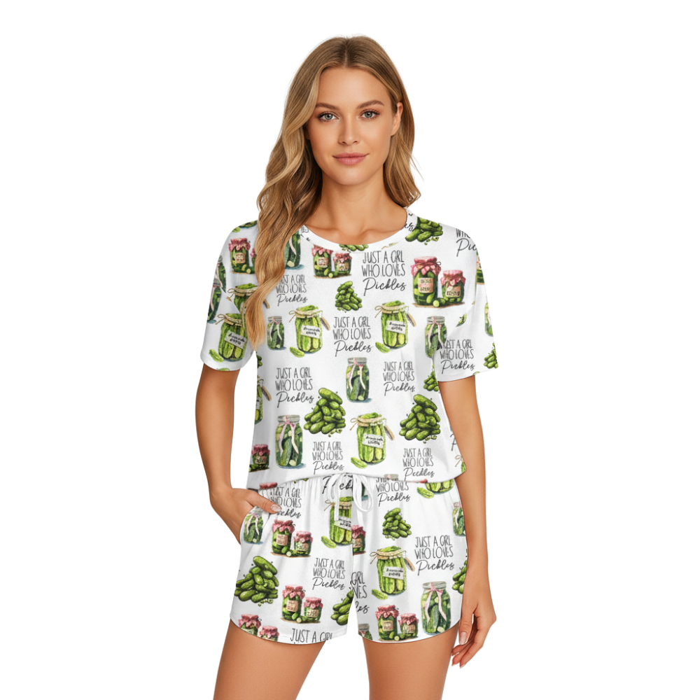 Vintage Canned Pickles Print Polyester Short Pajama Set | Crew Neck PJs