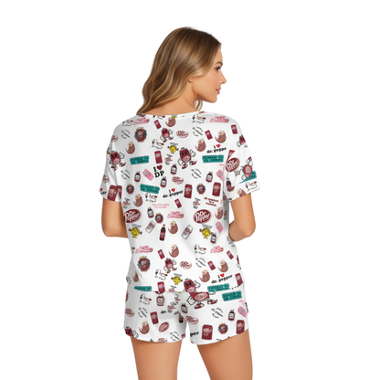 Dr Pepper Print Polyester Short Pajama Set - Soft Crew Neck Loungewear