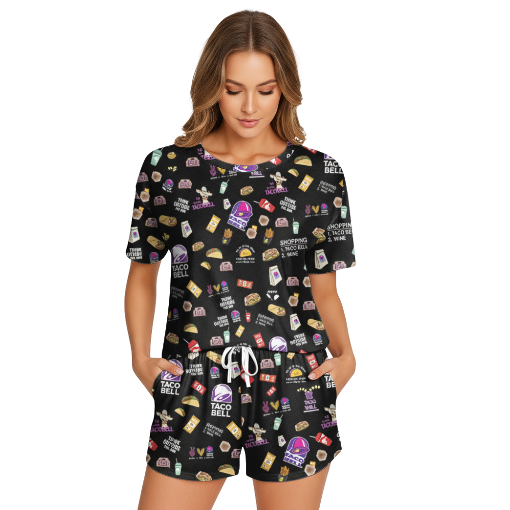 TacoBell Print Polyester Short Pajama Set | Soft Crew Neck Loungewear