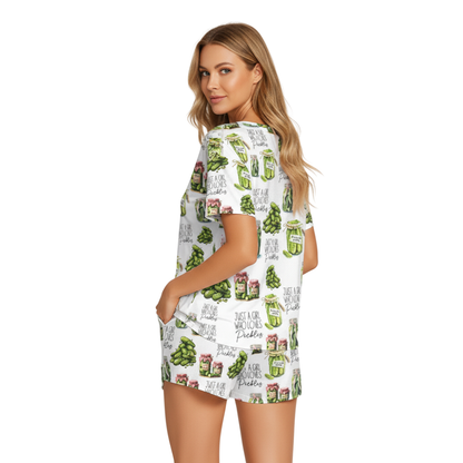 Vintage Canned Pickles Print Polyester Short Pajama Set | Crew Neck PJs