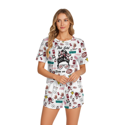 Dr Pepper Print Polyester Short Pajama Set - Soft Crew Neck Loungewear