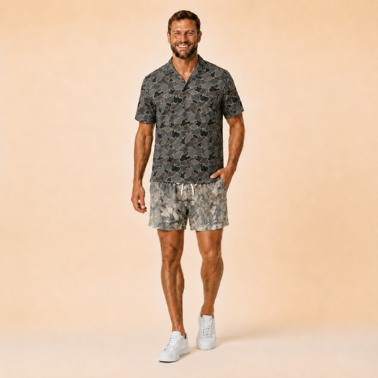 Man wearing Silpaz realistic camo mesh shorts with a dark camp shirt, standing front view