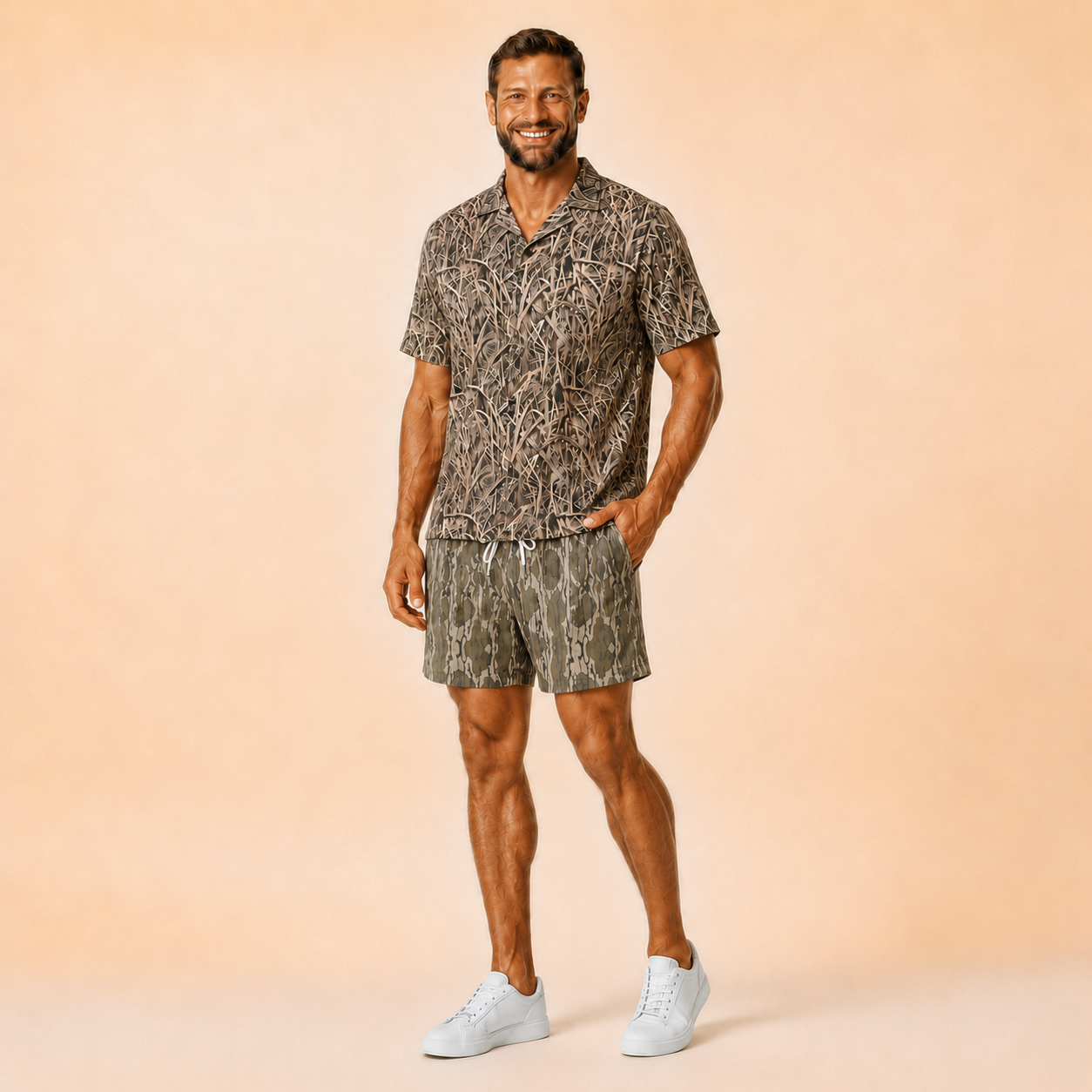 Man wearing Silpaz tree bark camo mesh shorts with a matching camp shirt, full length three-quarter view