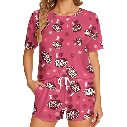 Dr Pepper Print Polyester Short Pajama Set - Soft Crew Neck Loungewear