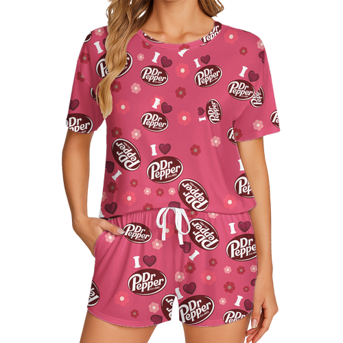 Dr Pepper Print Polyester Short Pajama Set - Soft Crew Neck Loungewear