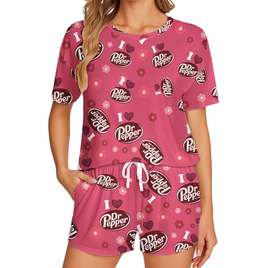 Dr Pepper Print Polyester Short Pajama Set - Soft Crew Neck Loungewear