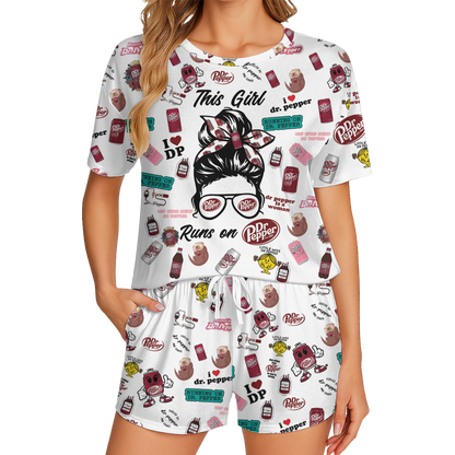 Dr Pepper Print Polyester Short Pajama Set - Soft Crew Neck Loungewear