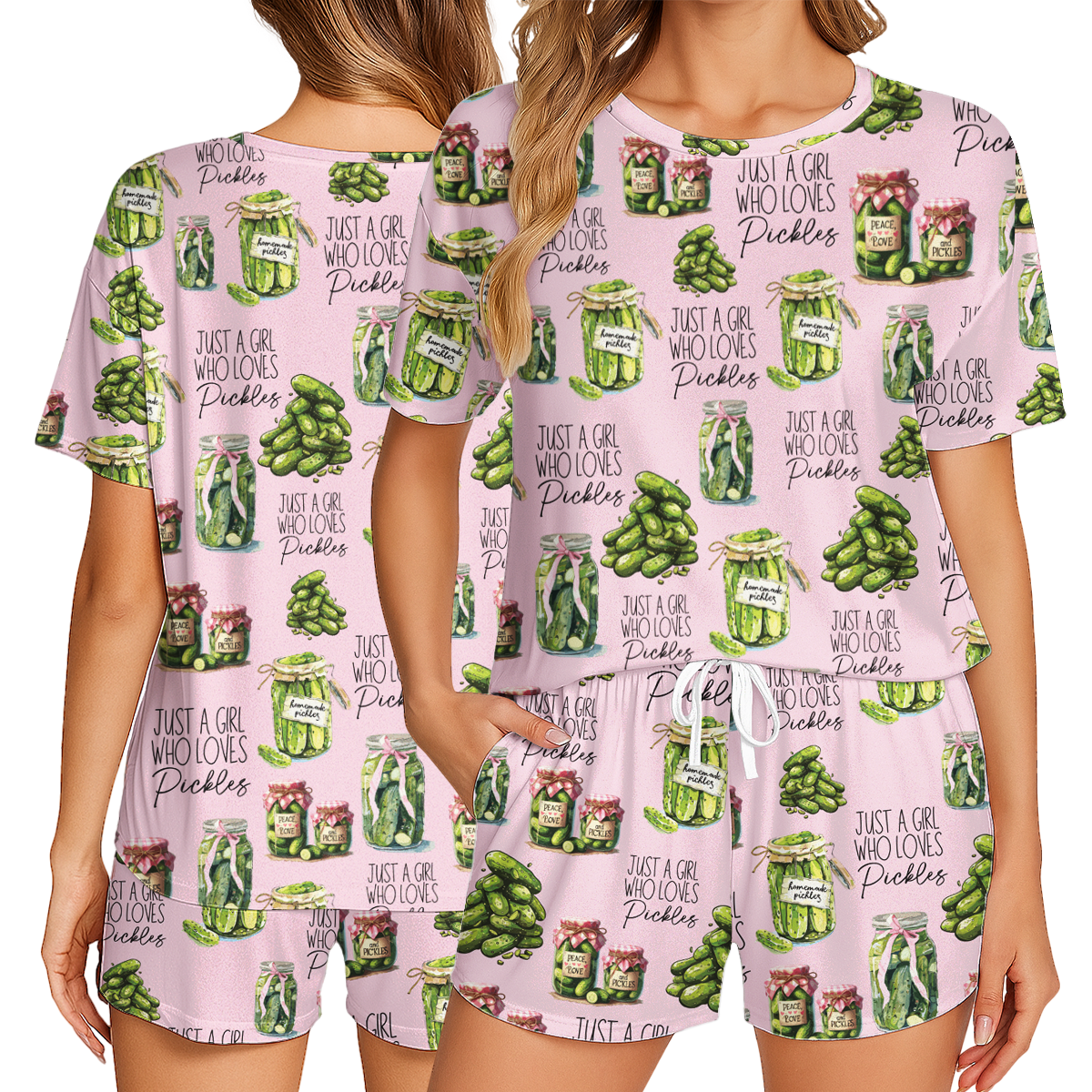 Vintage Canned Pickles Print Polyester Short Pajama Set | Crew Neck PJs