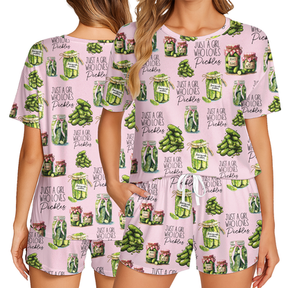 Vintage Canned Pickles Print Polyester Short Pajama Set | Crew Neck PJs