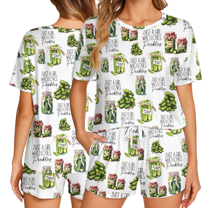 Vintage Canned Pickles Print Polyester Short Pajama Set | Crew Neck PJs