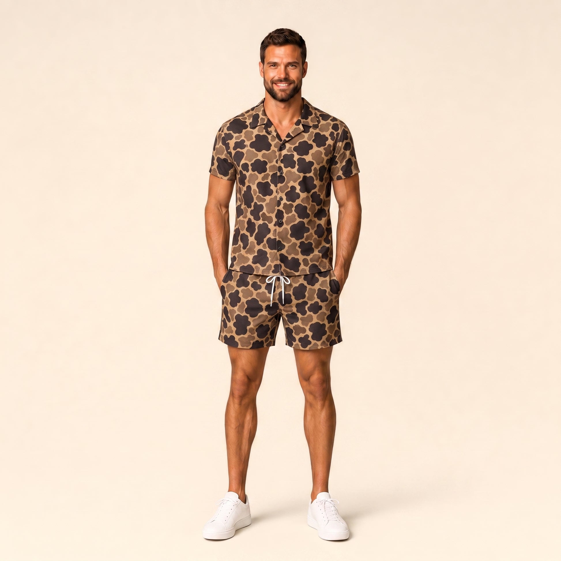 Silpaz Men's Vintage Duck Camo Shorts - front view with matching duck camo camp collar shirt