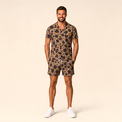 Silpaz Men's Vintage Duck Camo Shorts - front view with matching duck camo camp collar shirt