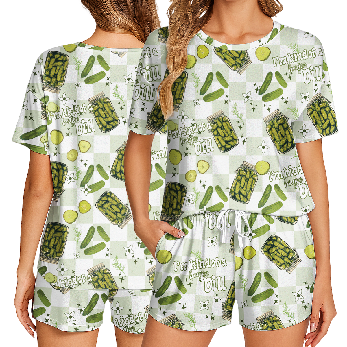 Vintage Canned Pickles Print Polyester Short Pajama Set | Crew Neck PJs