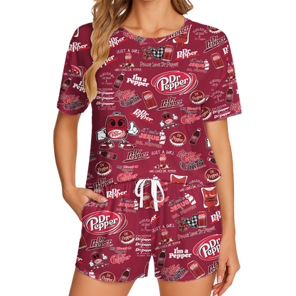 Dr Pepper Print Polyester Short Pajama Set - Soft Crew Neck Loungewear