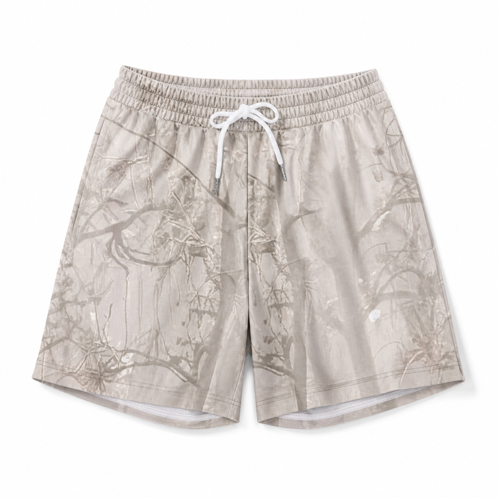 Silpaz men's tan duck camo shorts flat lay showing white mesh inner liner