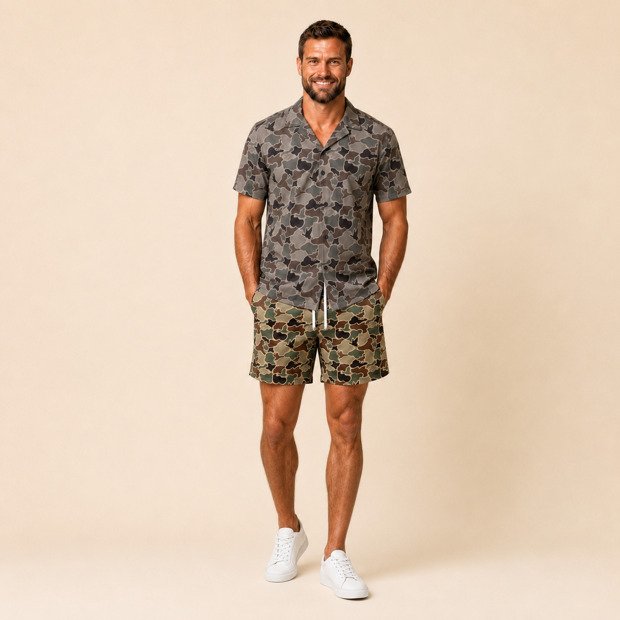 Silpaz Men's Vintage Duck Camo Shorts in Green Duck Camo - front view with grey duck camo camp collar shirt