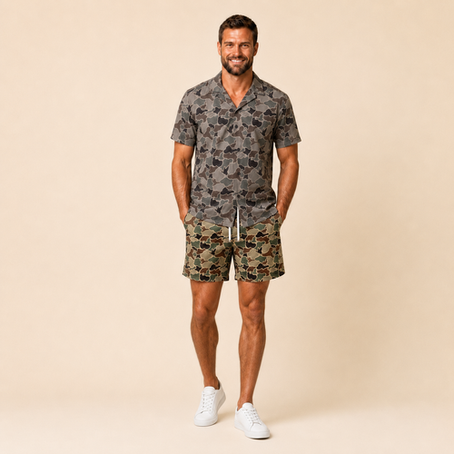 Silpaz Men's Vintage Duck Camo Shorts in Green Duck Camo - front view with grey duck camo camp collar shirt