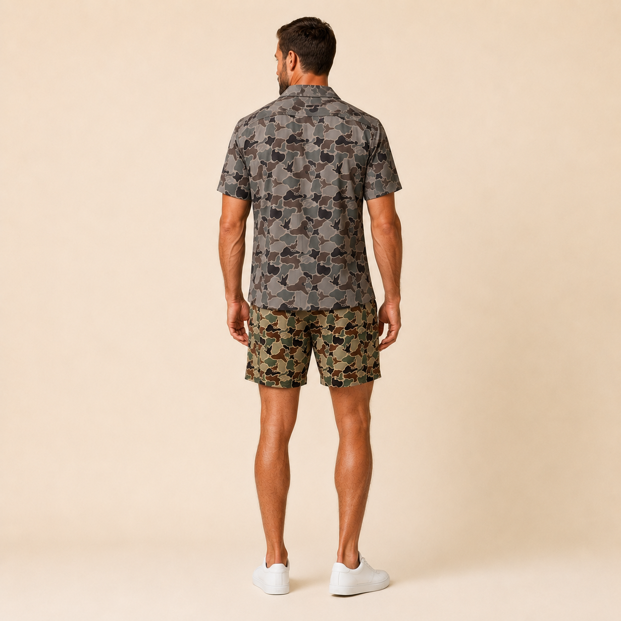 Silpaz Men's Vintage Duck Camo Shorts in Green Duck Camo - back view showing plain back panel and fit