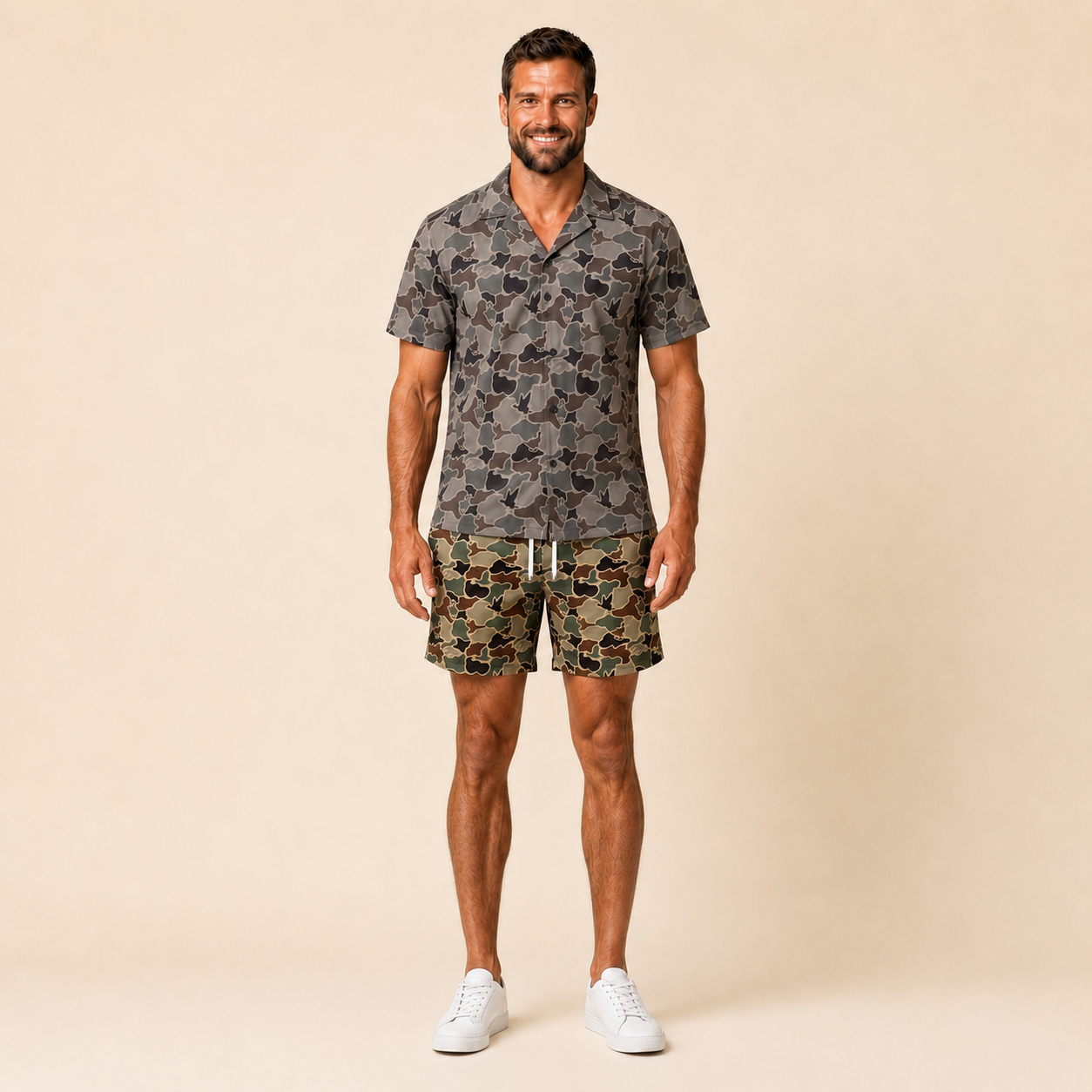 Silpaz Men's Vintage Duck Camo Shorts in Green Duck Camo - full front view, arms relaxed