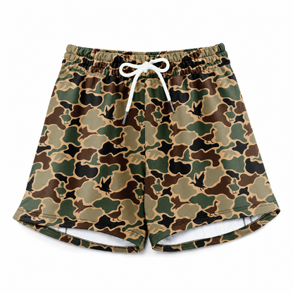 Silpaz men's brown duck camo athletic shorts flat lay with white drawstring and inner liner