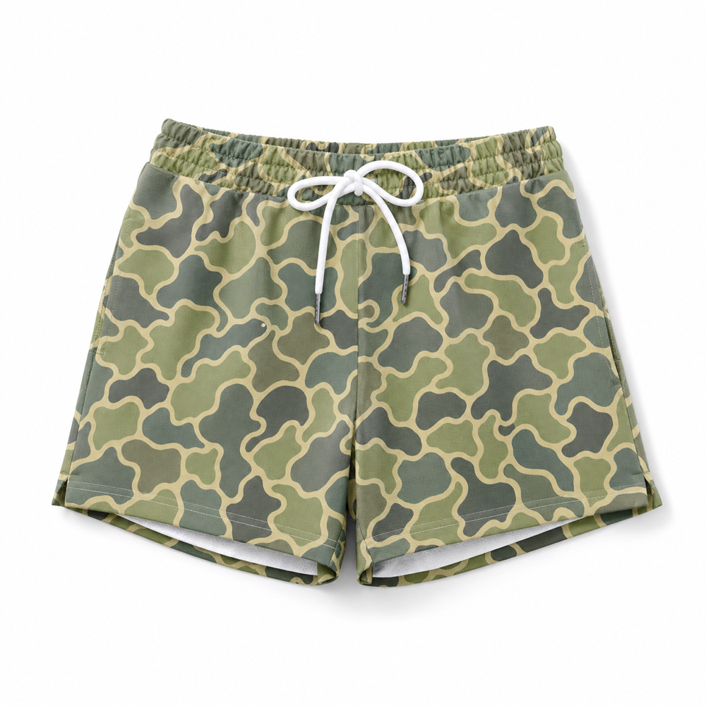 Silpaz men's sage green camo athletic shorts flat lay on a clean white background