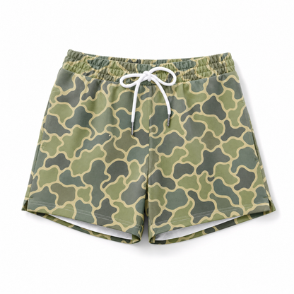 Silpaz men's sage green camo athletic shorts flat lay on a clean white background