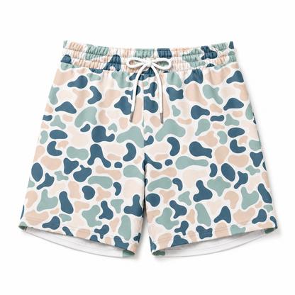 Silpaz men's cream blue camo athletic shorts flat lay on a clean white background