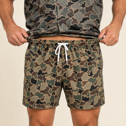 Silpaz Men's Duck Camo Athletic Shorts – Brown Duck Camo — close-up of the elastic waistband stretch and drawstring