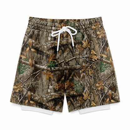 Silpaz men's brown timber camo mesh shorts flat lay with white drawstring and inner liner