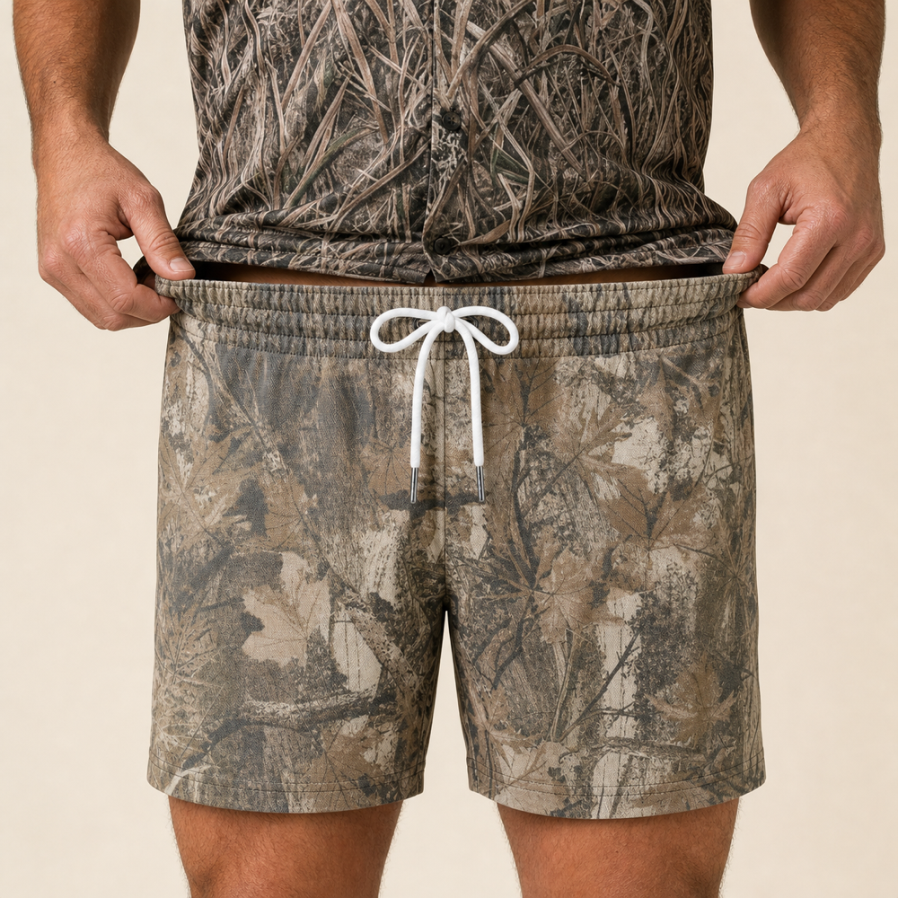 Silpaz Men's Realistic Camo Mesh Shorts – Tan Leaf Camo — close-up of the elastic waistband stretch and drawstring