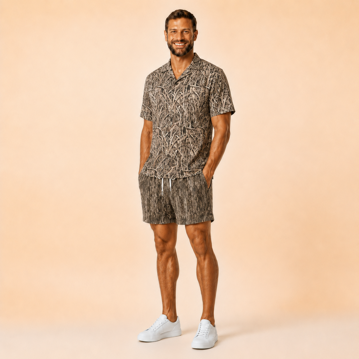Man wearing Silpaz tree bark camo mesh shorts with a matching camp shirt, full length front view