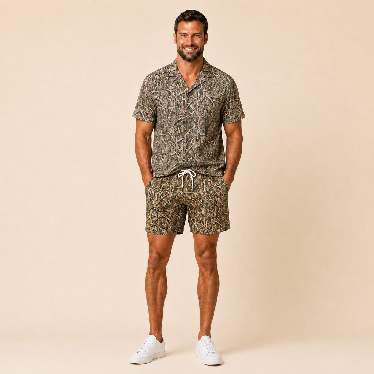 Man wearing Silpaz vintage duck camo shorts in tan grass camo with a matching camp shirt, standing front view